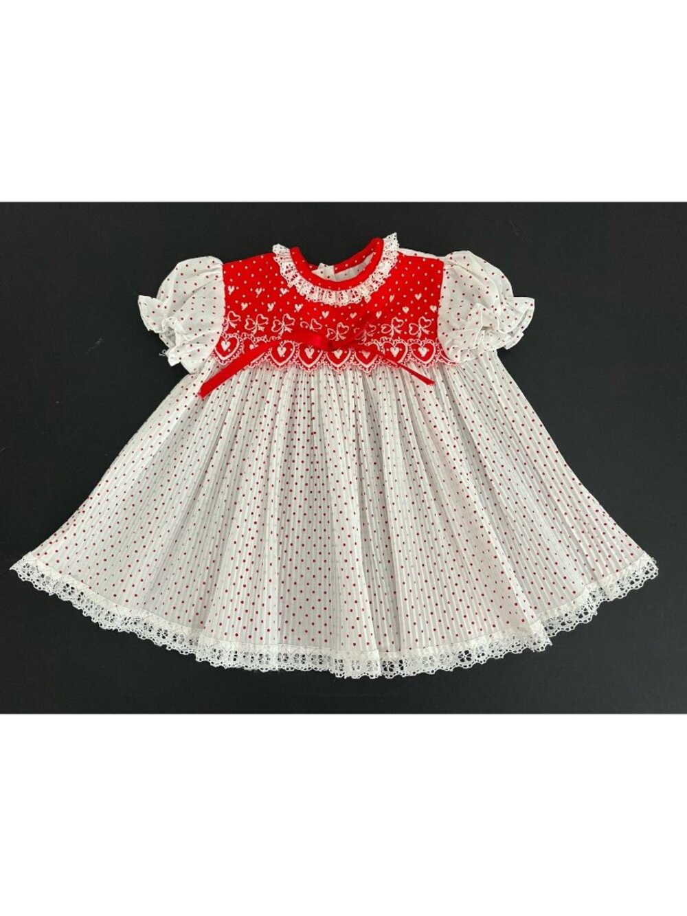 Vintage Lassie Togs Girl's 12 months Dress Polka Dot Pleated Skirt Heart Bodice